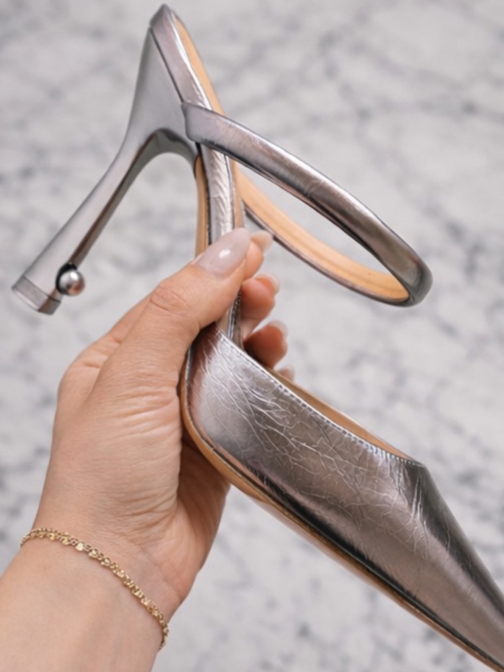 Off White Metallic Silver Pointed Toe Stiletto Mule